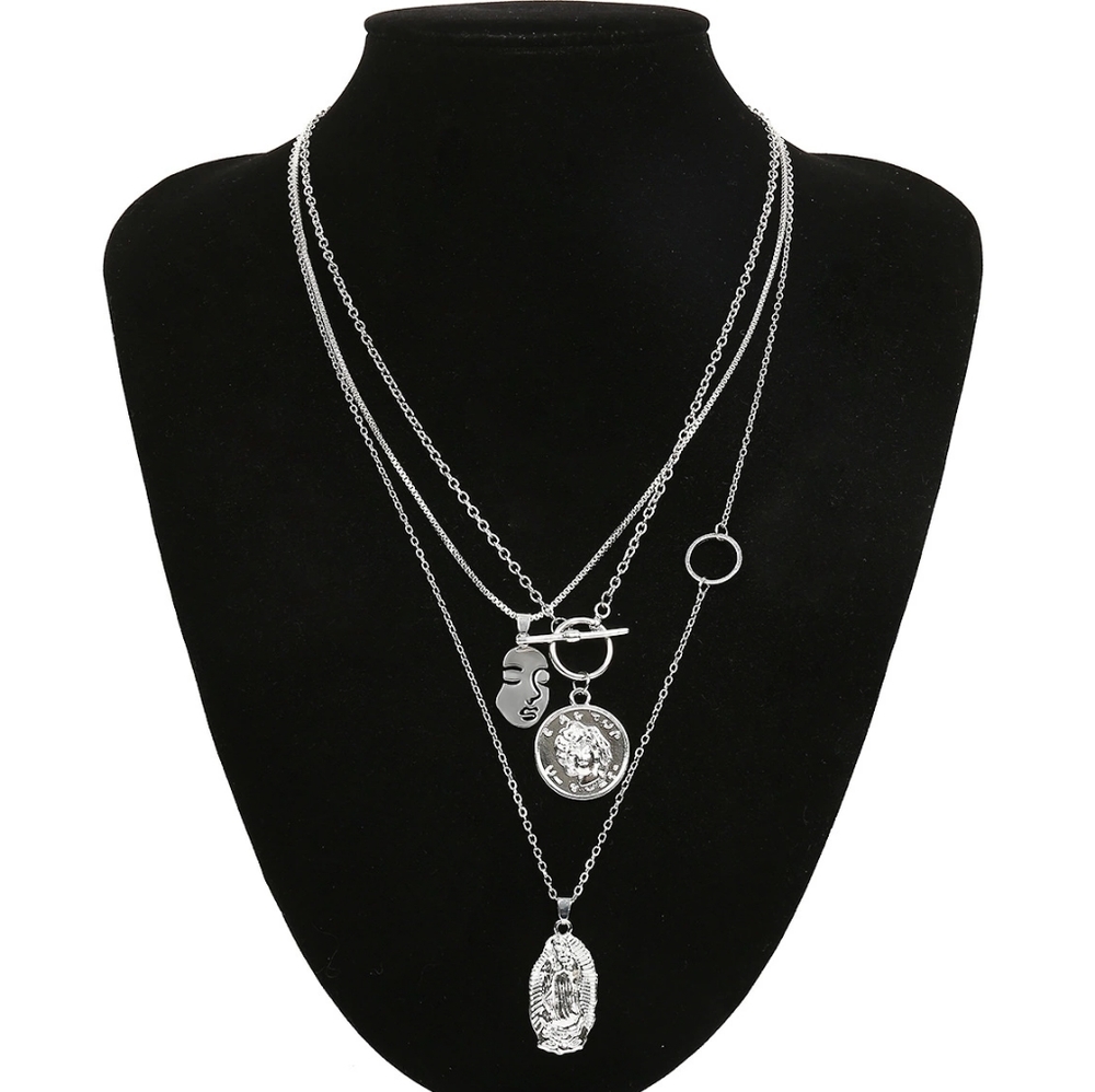 Silver Coin Layered Pendant Necklace Chain Face Head - Picture 2 of 7